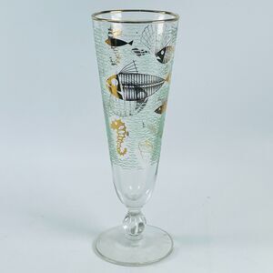 Vtg Libbey Marine Life Pilsner Glass 8.5" Fish Seahorse Aqua Gold Coastal Bar
